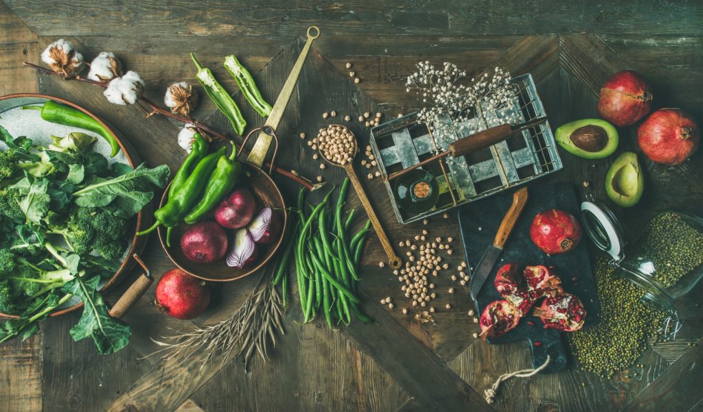 Winter vegetarian or vegan food cooking ingredients, top view